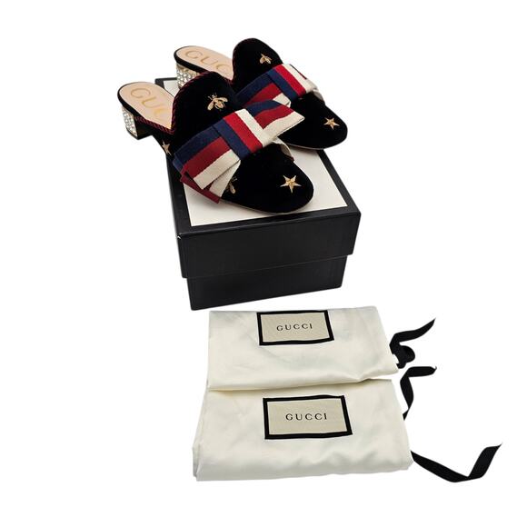 Gucci Sylvie Mule Slipper Black Velvet Star Web Stripe Bow Size 36.5 US 6.5 - Picture 2 of 11